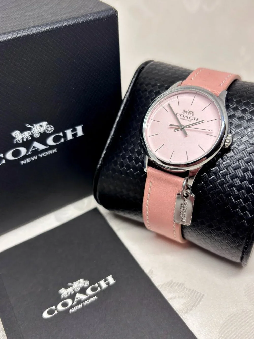 Coach Pink Blush Dial Leather Strap Watch Silver Tone Movado Quartz Charm Tag